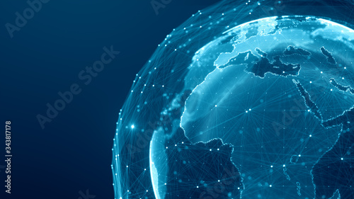 Communication technology global world network concept. Connection lines Around Earth Globe, Motion of digital data flow. Futuristic Technology Theme Background with Light Effect.