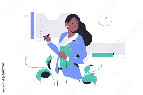 Confident happy african american businesswoman in suit drawing using pen.