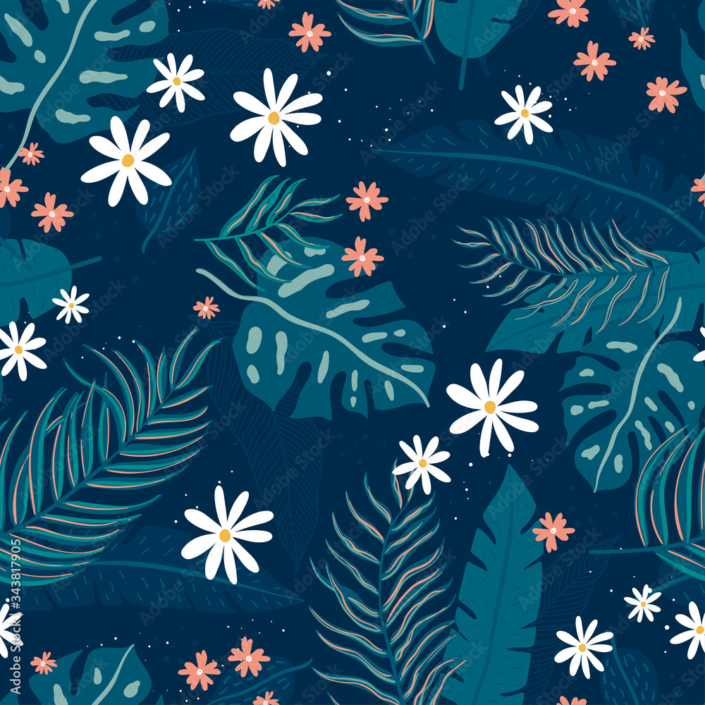 Tropical Leaves Seamless Pattern - elegant, exotic, hand drawn leaves - great for Textiles, Fabrics, Wallpapers, banners, Cards - surface design