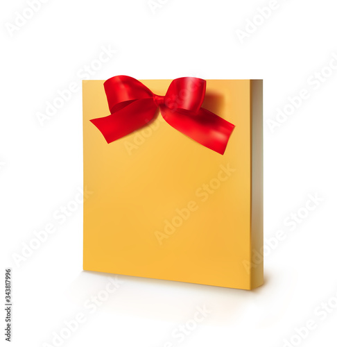 Mockup Gift Box template. Vector realistic yellow package mockup with red bow for your design mesh