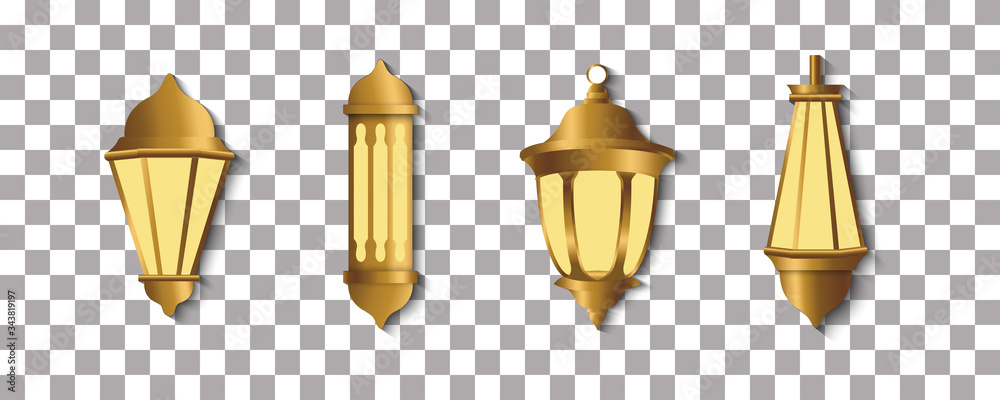 Set of Gold lanterns. Arabic shining lamps. Isolated hanging realistic lamps suitable for use in Islamic design ornament. Effects of transparent vector background
