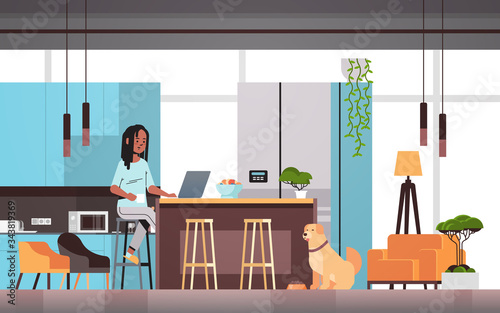 woman freelancer using laptop working at home during coronavirus quarantine self-isolation freelance social distancing concept modern kitchen interior horizontal full length vector illustration