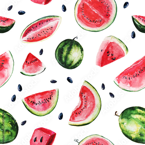 Fototapeta Naklejka Na Ścianę i Meble -  Watercolor watermelons and slices seamless pattern