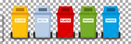 Different colored trash cans with paper, plastic, glass and organic waste suitable for recycling. Segregate waste, sorting garbage, waste management. White background. Vector illustration