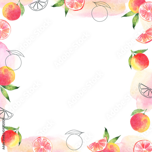 Watercolor square frame of greenery and grapefruit isolated on white background