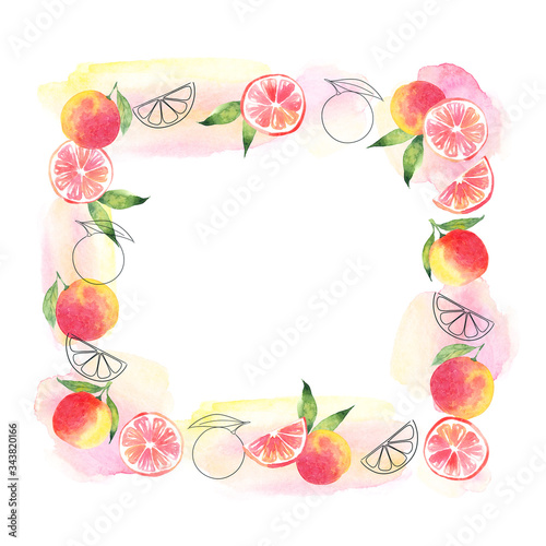 Watercolor square frame of greenery and grapefruit isolated on white background
