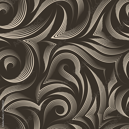 Vector seamless pattern of smooth and broken lines drawn by a beige pen with cuts in the middle with sharp ends on an isolated brown background. Pastel colored texture from flowing stripes.