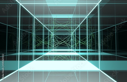 Square room With a mirrored wall around With lights and lasers Reflection around the room In the perspective view. 3D render  3D rendering