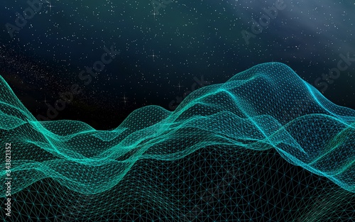 Abstract landscape on a dark background. Cyberspace grid. hi tech network. Outer space. Starry outer space texture. 3D illustration