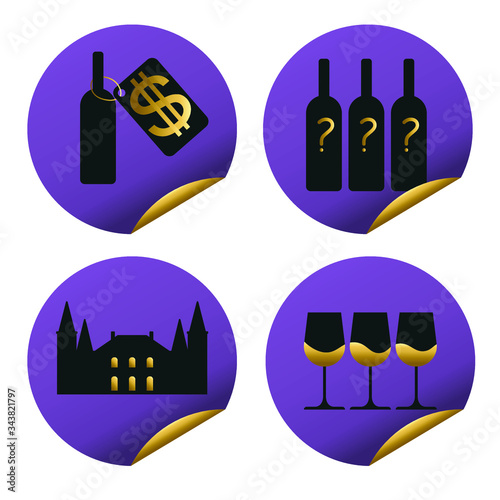 round wine business stickers with blind tasting, value for money wine, chateau provenance and three glasses of wine on violet background with gold elements - flat vector illustration