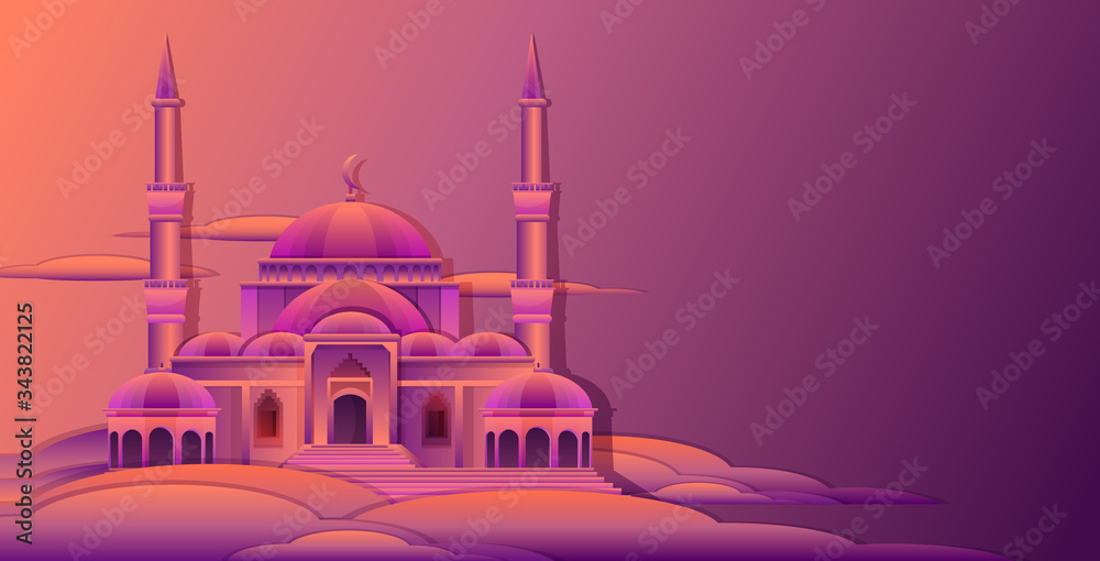 nabawi mosque building architecture exterior muslim cityscape religion concept horizontal flat vector illustration