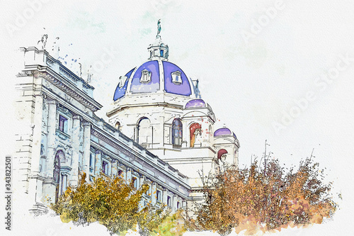 Photography Watercolor painting picture of Kunsthistorisches Museum Famous landmark of Vienna Austria