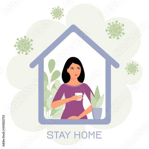 The concept of staying at home during quarantine and self-isolation. Global viral epidemic and pandemic. Fashionable flat vector illustration.