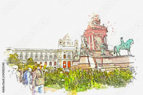 Photography Watercolor painting picture of Kunsthistorisches Museum Famous landmark of Vienna Austria