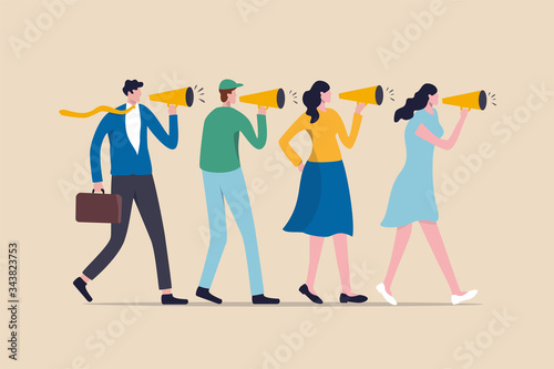 Marketing strategy, word of mouth people tell friend about good product and service, vebally tell story or communication concept, people using megaphone to tell story to their friends.