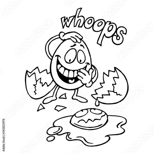 Egg laughs in an accident, the other egg broke and spilled out of the shell, text whoops, black and white cartoon joke