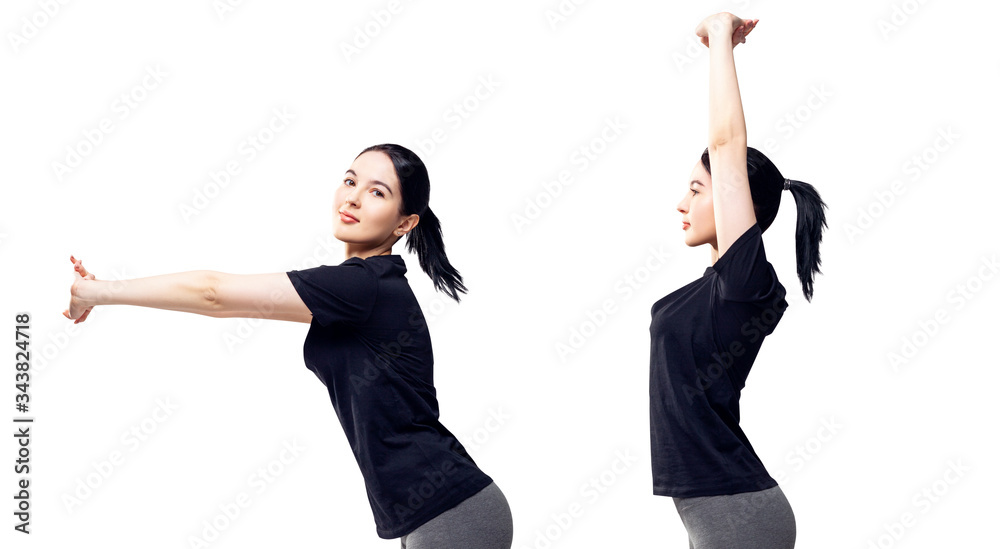 Collage of young woman in sportswear doing exercises. Collage of young woman in sportswear doing exercises.