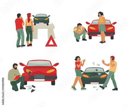 Car repair and insurance, roadside assistance or towing service set with people characters. Aid of repairman, automobile crash inspector or insurance agent. Flat vector illustration isolated.