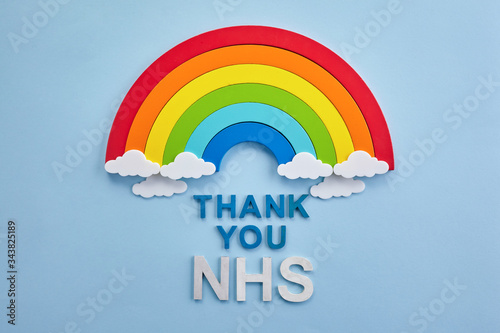 Thank you nhs rainbow banner. Rainbow ob blue background with letters photo