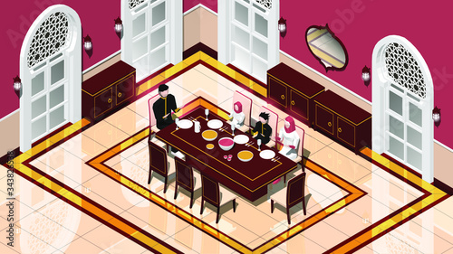 Isometric vector illustration of a muslim family iftar / break fasting / buka puasa in dining room