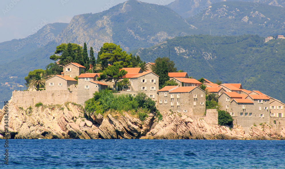 Sveti Stefan island detail of buildings, Montenegro