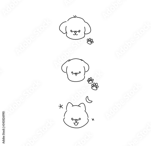 Three cute puppies vector muzzles. Contour colorless dogs.