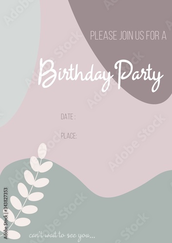 Birthday Party invitation template, floral illustration, purple color background 