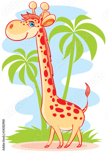cute giraffe character on a background of green palm trees, cartoon, vector illustration,
