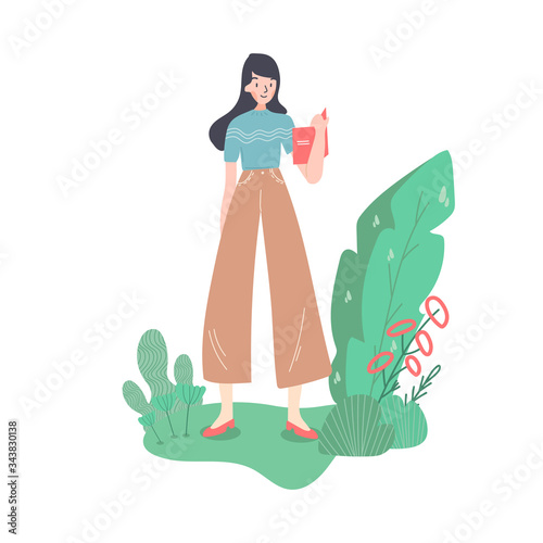 Happy businesswoman in full height. Se is holding the office desk. Interwiewer, worker, designer or anybody. Old fashioned clothes and shoes. Isolated cartoon flat vector illustration.