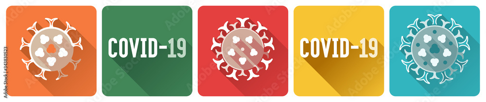COVID-19 Coronavirus infection set of flat square icons with long shadows. Design elements with stylized virus vector illustrations. COVID-19 Coronavirus infection set of flat square icons with long shadows. Design elements with stylized virus vector illustrations.