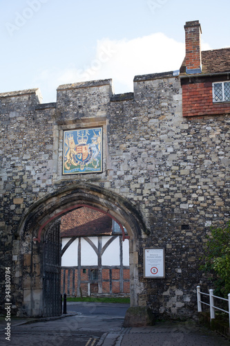 The entrance to Winchester Cathedral in Winchester, Hampshire, UK