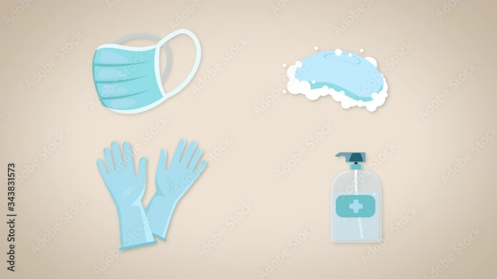 Animation of a medical mask, hand soap, gloves and alcohol for disinfection into a coronavirus. Protection against a pandemic of the Covid-19 virus. Animation of a medical mask, hand soap, gloves and alcohol for disinfection into a coronavirus. Protection against a pandemic of the Covid-19 virus.