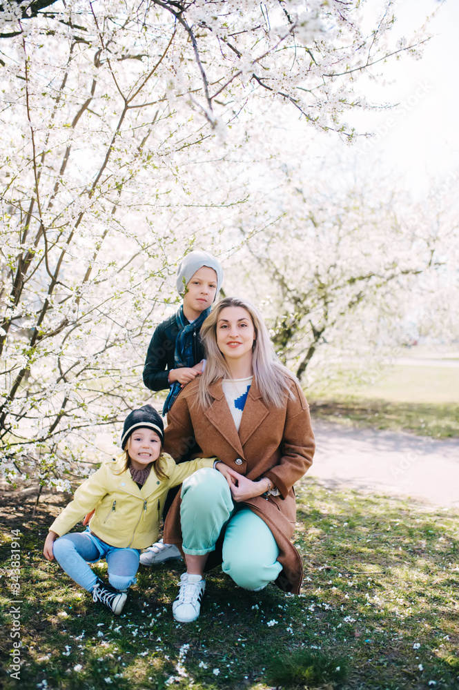 Fototapeta premium Happy mother and her two children is standing on a background blossoming Apple-trees and cherries