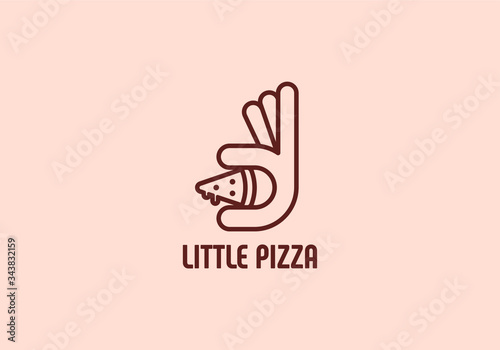 Small pizza logo. Hand with a little pizza. Logotype for pizza restaurant or cafe.