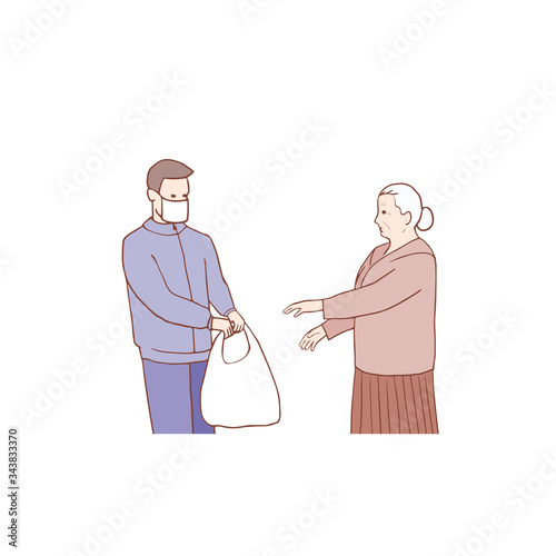 Fototapeta Naklejka Na Ścianę i Meble -  Medical masked volunteer brought bags, box to senior couple. Courier man. Delivery online service. Deliveryman carrying packages with donation food. Social support for seniors.