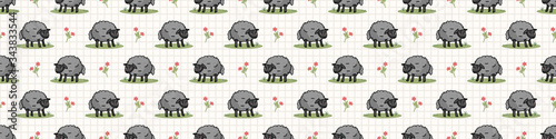Cute black sheep in field cartoon seamless vector border. Hand drawn agriculture livestock. Farm animal with flower all over print on check background. Wooly ewe backdrop.