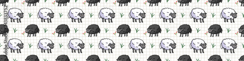 Cute white and black sheep in field cartoon seamless vector border. Hand drawn agriculture livestock. Farm animal with flower all over print on check background. Wooly ewe backdrop. 