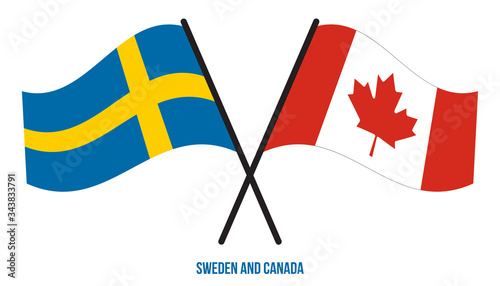 Sweden and Canada Flags Crossed And Waving Flat Style. Official Proportion. Correct Colors