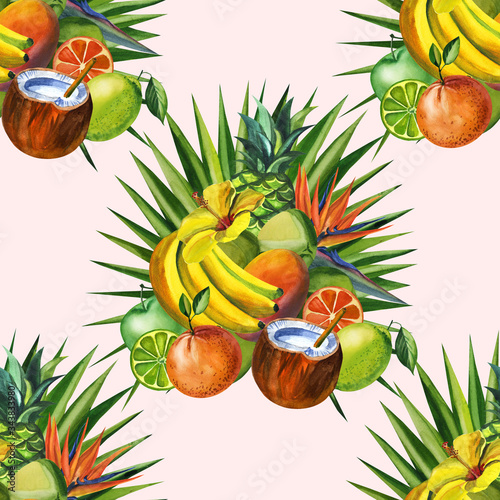 Watercolor seamless floral pattern with fruts hand drawing decorative background. Hand drawn watercolor illustration. Print for textile, cloth, wallpaper, scrapbooking