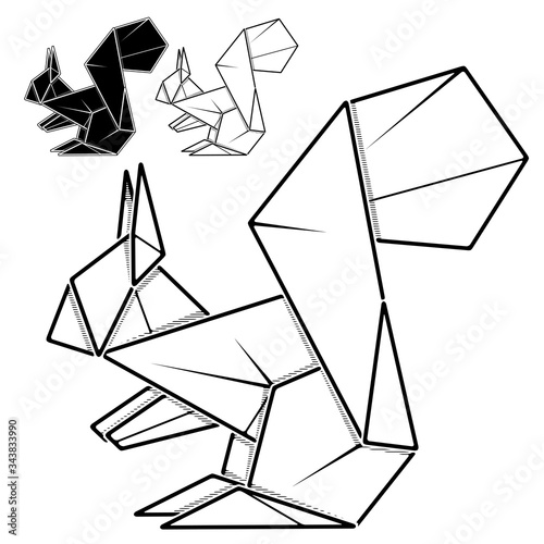 Vector monochrome image of paper squirrel origami (contour drawing by line).