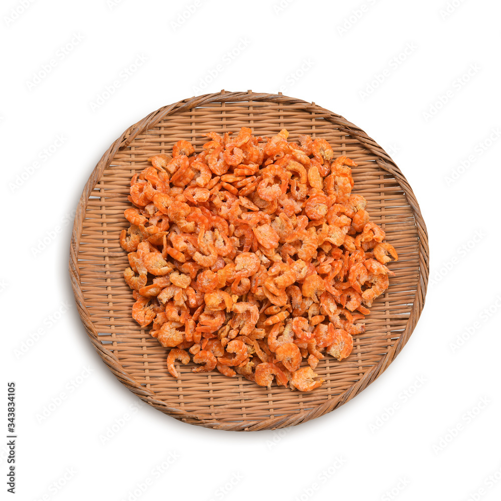 Dried shrimp in basket isolated on white background. This has clipping path. Dried shrimp in basket isolated on white background. This has clipping path.