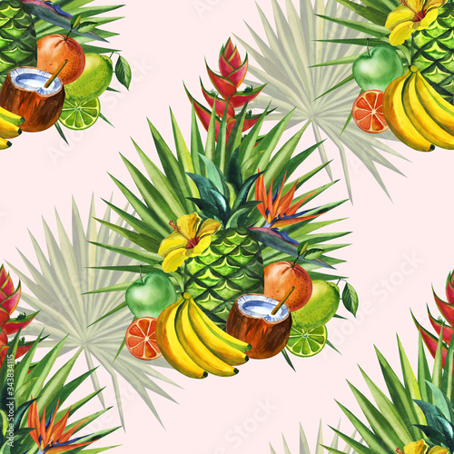 Fototapeta Naklejka Na Ścianę i Meble -  Watercolor seamless floral pattern with fruts hand drawing decorative background. Hand drawn watercolor illustration. Print for textile, cloth, wallpaper, scrapbooking
