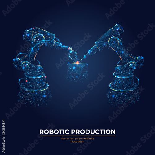 Robotic arm and robotic machine tool for smart technology manufacturing process in dark blue background. Abstract vector illustration. Industrial technology concept. Low poly wireframe.