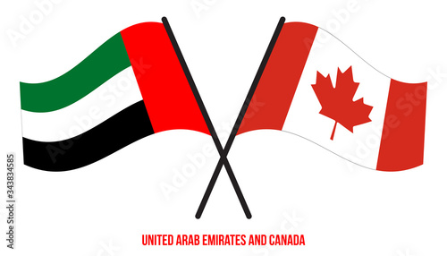 United Arab Emirates and Canada Flags Crossed And Waving Flat Style. Official Proportion