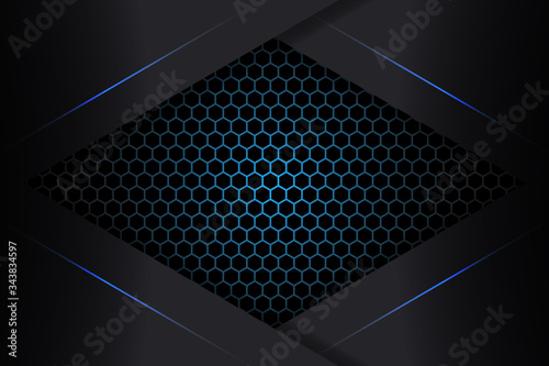 Abstract blue light shapes on a black carbon grid. Technology background. Carbon fiber background with blue luminous lines and highlights.