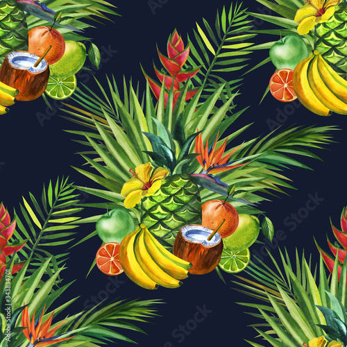 Watercolor seamless floral pattern with fruts hand drawing decorative background. Hand drawn watercolor illustration. Print for textile, cloth, wallpaper, scrapbooking