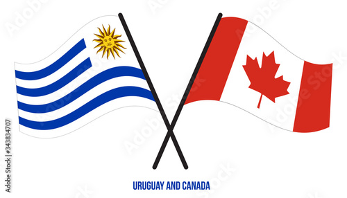 Uruguay and Canada Flags Crossed And Waving Flat Style. Official Proportion. Correct Colors