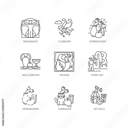Art movements pixel perfect linear icons set