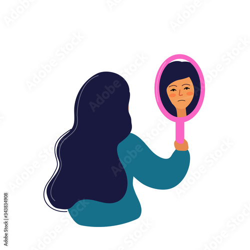 A girl with a sad face looks in the mirror. Bad mood, disappointment, depression. Vector illustration
