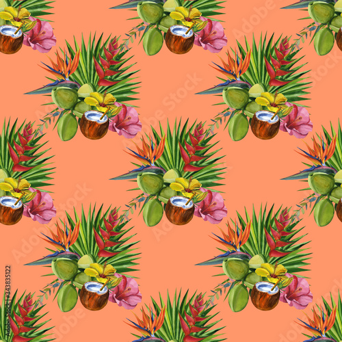 Watercolor seamless floral pattern with fruts hand drawing decorative background. Hand drawn watercolor illustration. Print for textile, cloth, wallpaper, scrapbooking